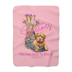 Cozy Pink Sherpa Fleece Blanket – Adorable Puppy Laying on an Old Boot