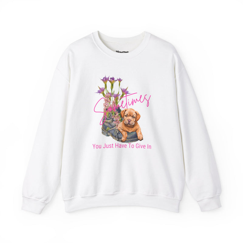 Cozy Puppy Lying on an Old Boot, Heavy Blend™ Crewneck Sweatshirt, Perfect for Dog Lovers