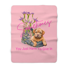 Cozy Pink Sherpa Fleece Blanket – Adorable Puppy Laying on an Old Boot