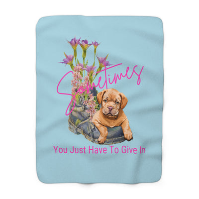 Cozy Blue Sherpa Fleece Blanket – Adorable Puppy Laying on an Old Boot