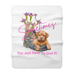 Cozy White Sherpa Fleece Blanket – Adorable Puppy Laying on an Old Boot