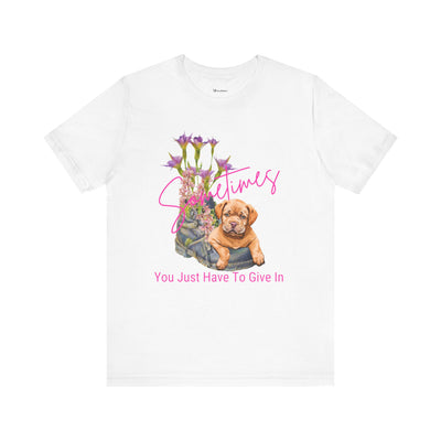 Adorable Puppy resting on Old Boot T-Shirt Short Sleeve – Perfect for Dog Lovers